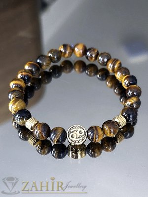 Избери от 12 модела ръчно изработени гривни със позлатеи стоманени зодиакални знаци и кафяво тигрово око 8 мм, в 7 размера - ZG1163